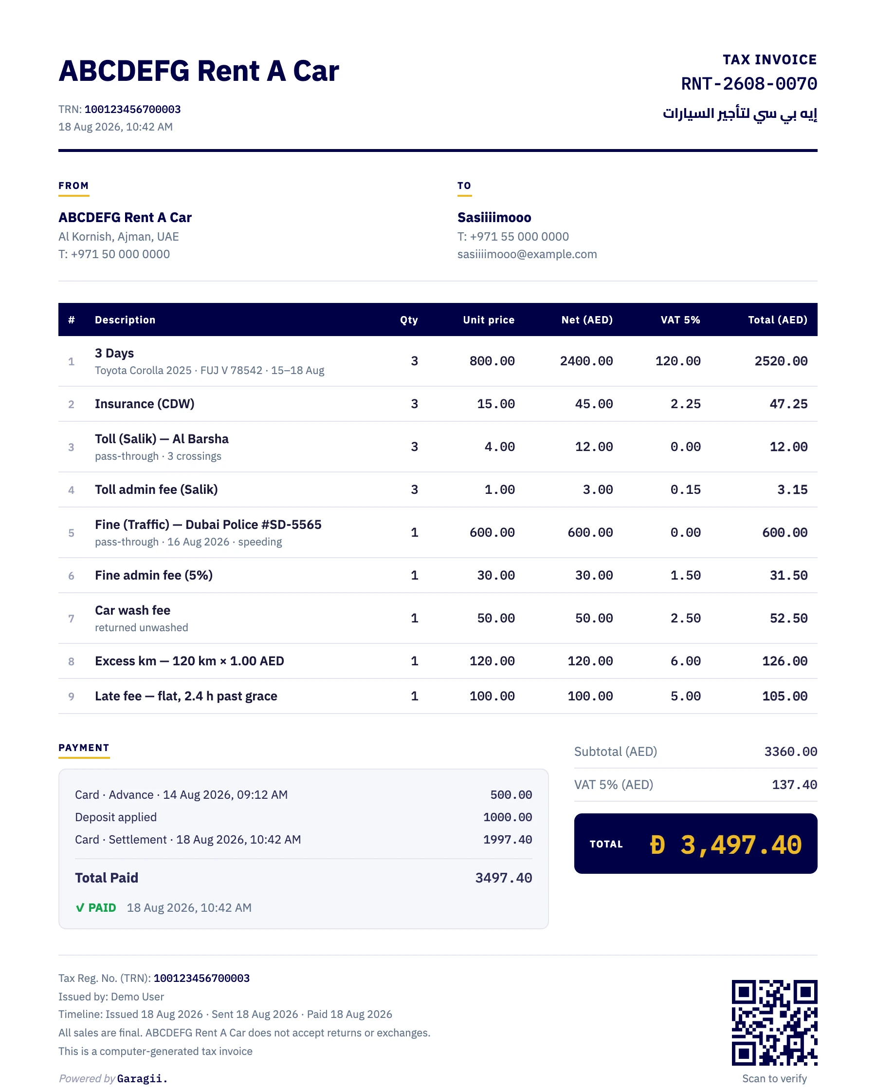 Tax invoice · numbered, VAT 5%, totals to the fils, verifiable by QR