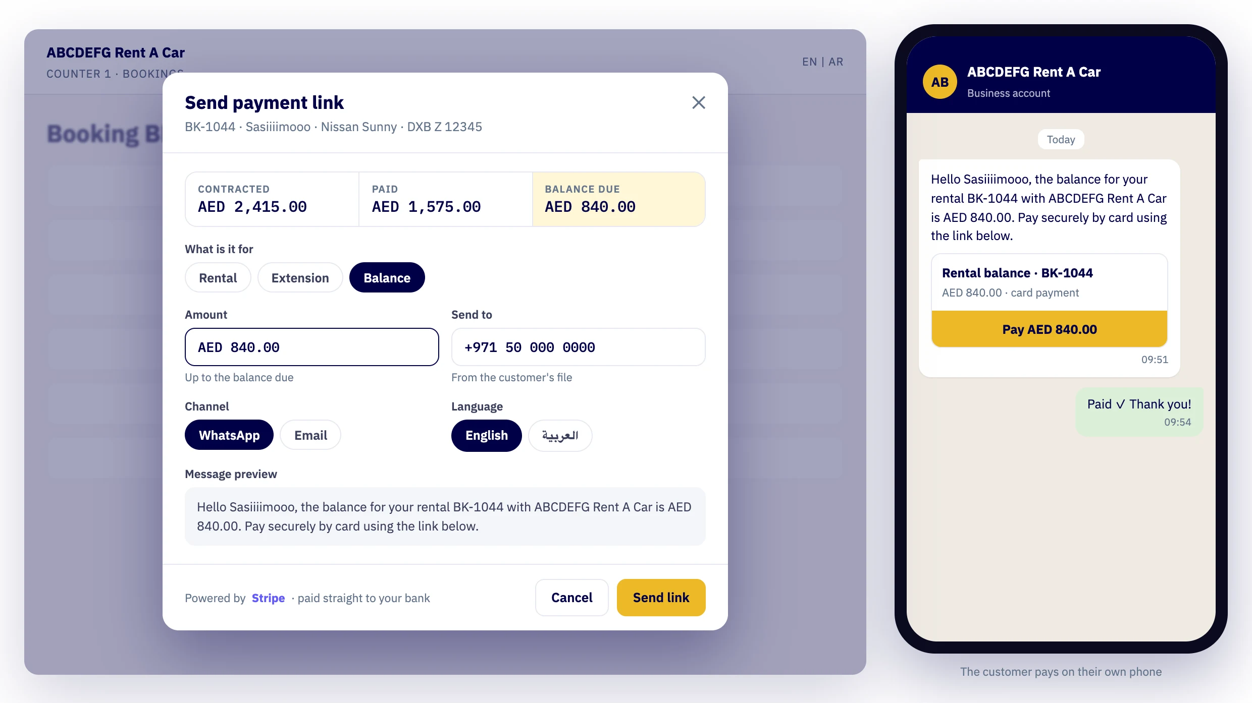 Send a payment link from the booking · the customer pays on their phone